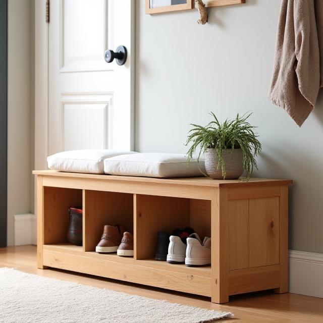 Banco para la entrada con zapatero integrado, hecho de madera de pino.