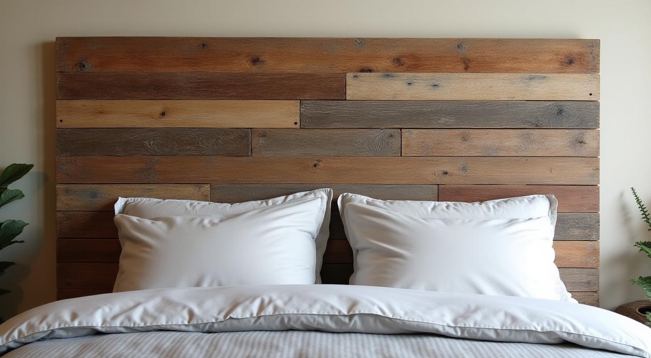 Cabecero de cama hecho con listones de madera reciclada de diferentes tonos.