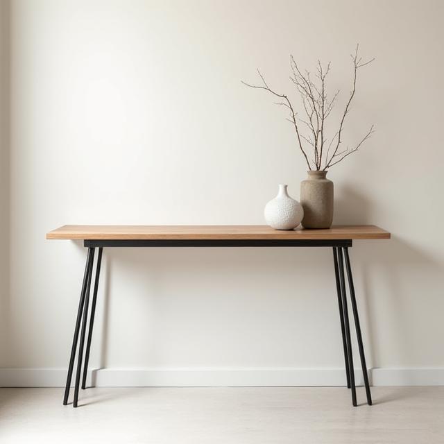 Consola minimalista para recibidor con patas de horquilla.
