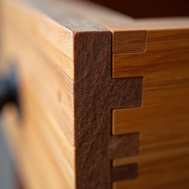 Detalle de una unión de cola de milano en un cajón de madera.