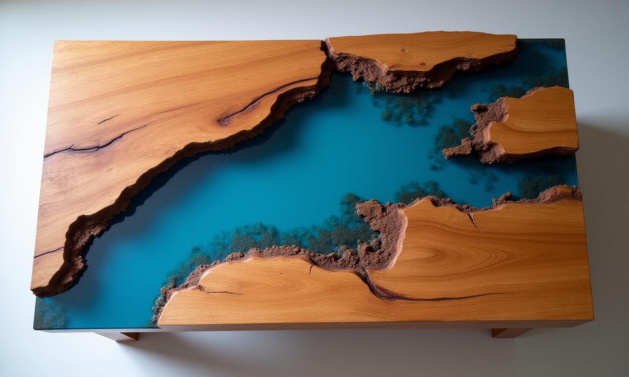 Mesa de centro de madera con un río de resina epoxi azul.