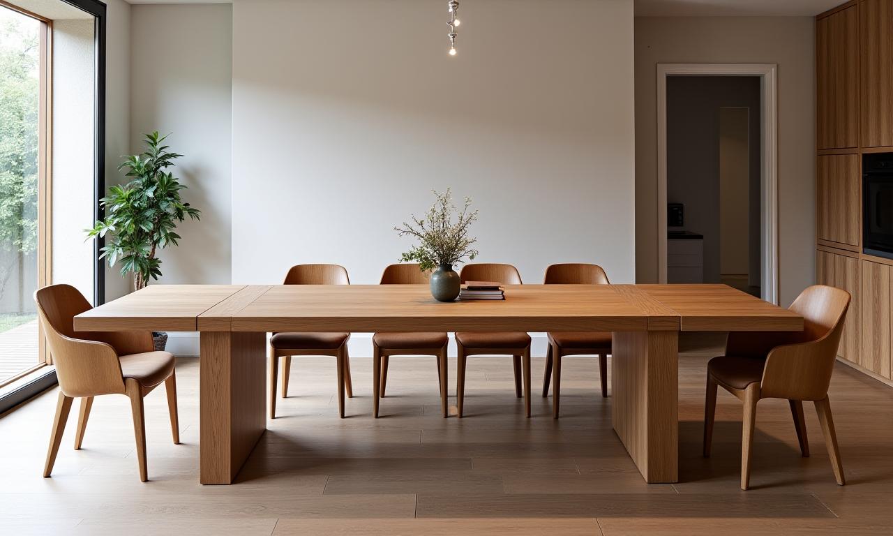 Mesa de comedor extensible de madera maciza para ocho personas.