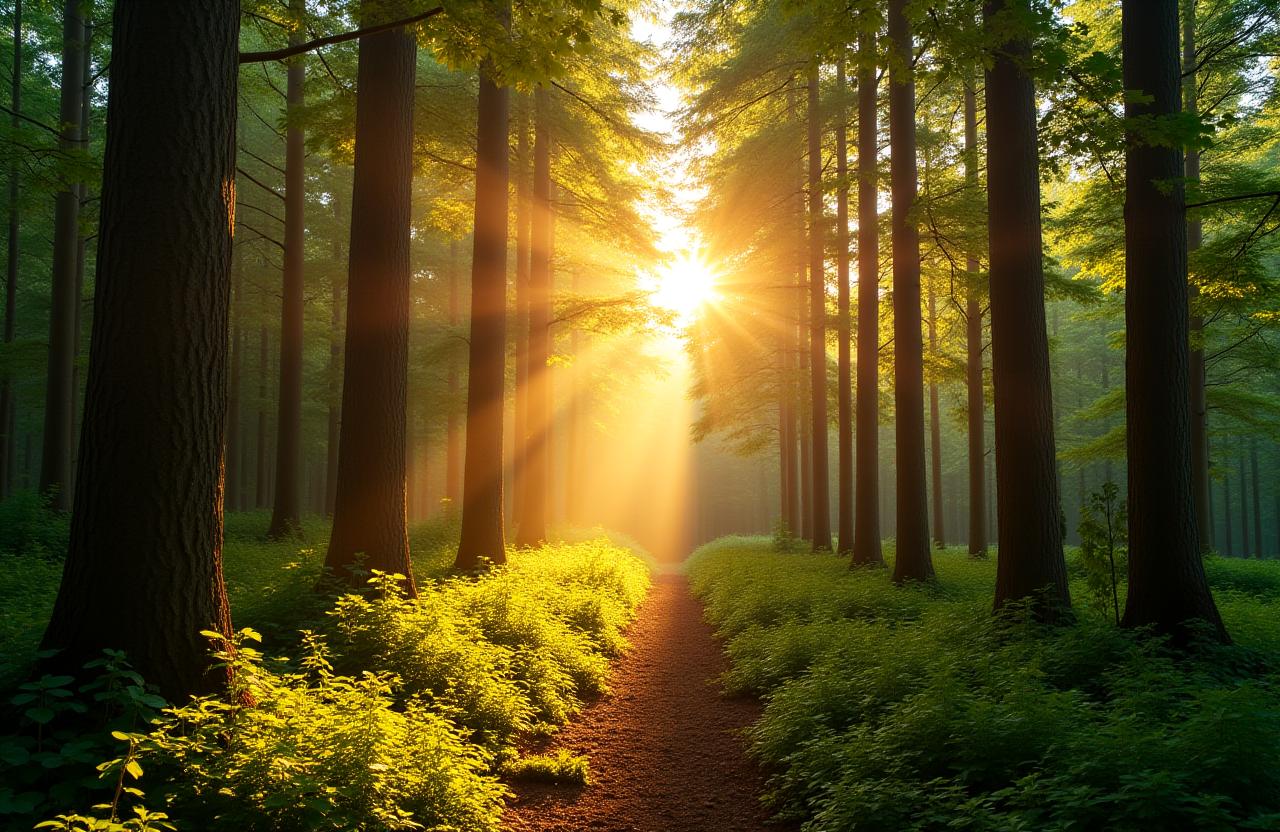 Bosque frondoso y bien gestionado con luz solar filtrándose a través de los árboles.
