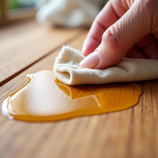 Primer plano de un paño aplicando aceite natural a una superficie de madera de roble.