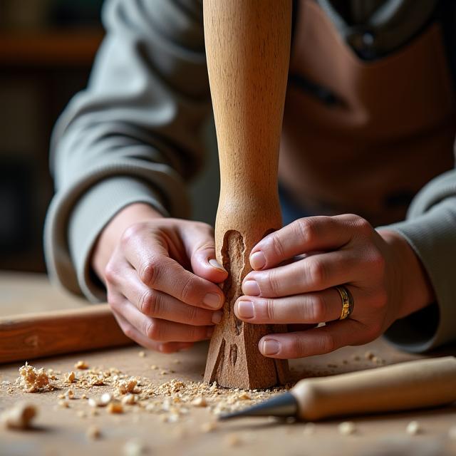 Ebanista trabajando en el taller, tallando un detalle en una pata de mesa.