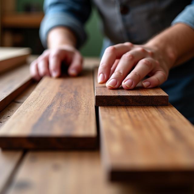 Manos de un artesano seleccionando tablones de madera de nogal.